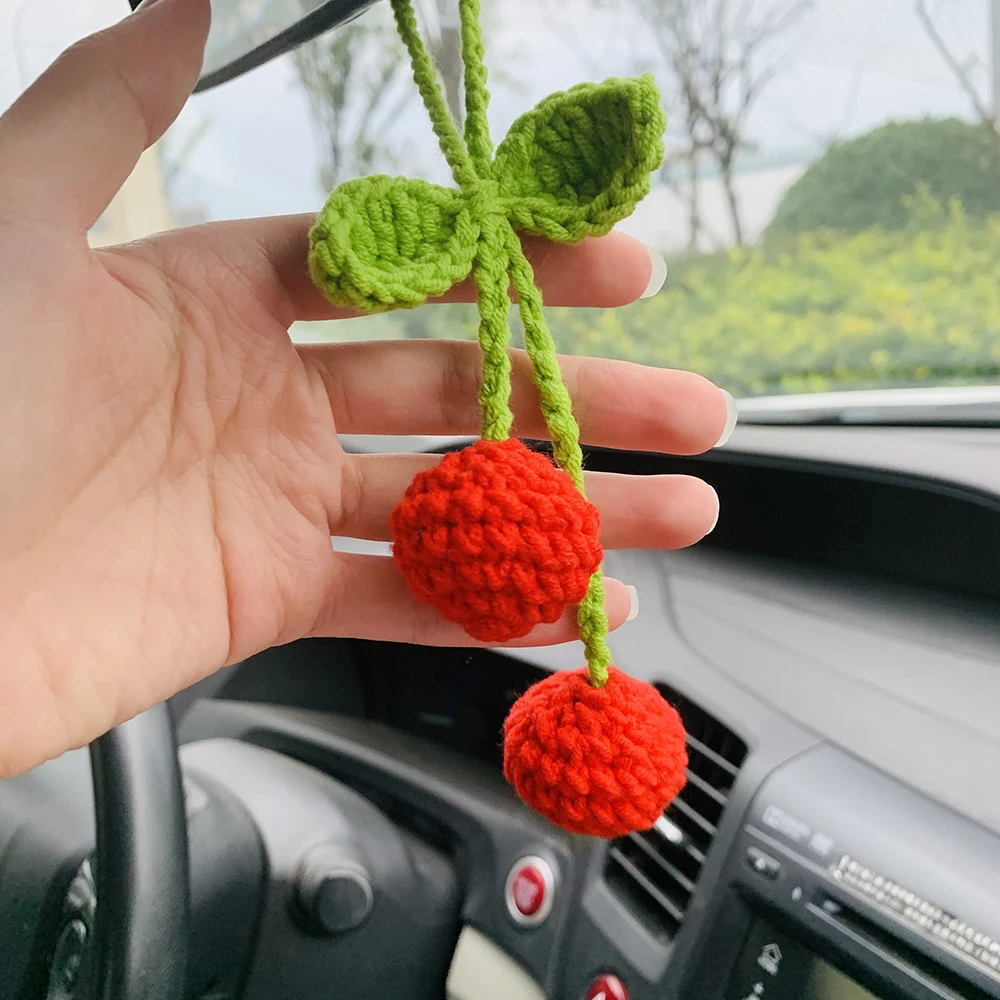 Cute Cherry Kawaii Flower Car Mirror Hanging Charm Fruit Decor Teens Interior Rear View Mirror car Accessories for Women