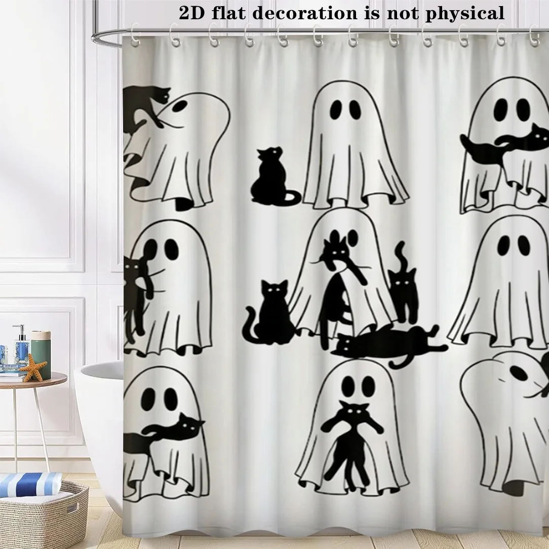 Funny Ghost and Black Cat Shower Curtain, Halloween Spooky Pattern Print Waterproof Bathroom Decor Cute Cartoon Home Bath Screen