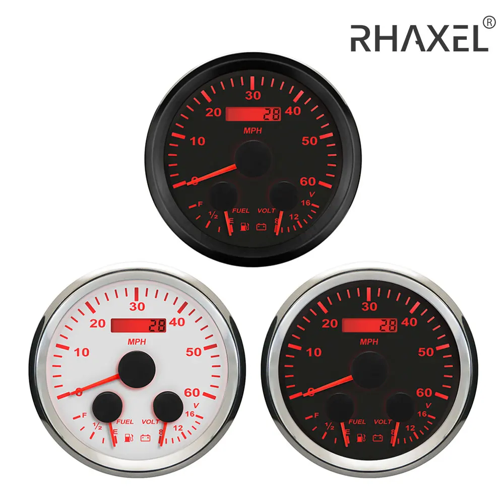 

RHAXEL 85mm (3 3/8'') GPS Speedometer 0-60MPH Odometer with Fuel Level 0-190ohm Voltmeter 12V for Tractor RV with Red Backlight