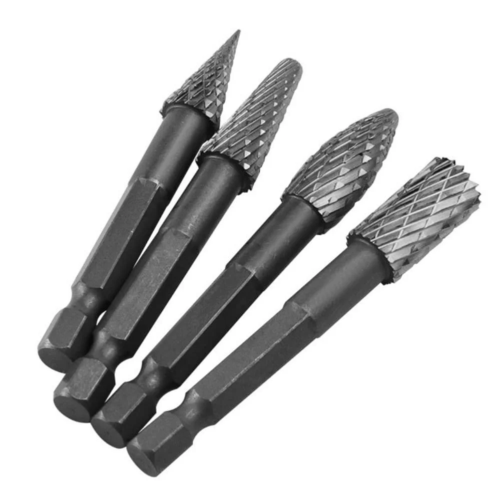 Alloy Steel Rotary Burr Set for Metal Wood Plastic Includes Flat End Round End and Pointed Files with Hex Shank Design