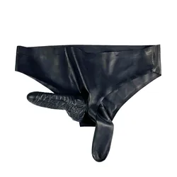 MONNIK Latex Briefs Rubber Men Sexy Shorts Black Panties with Two Sheath(Condom) Tight for Bodysuit Party Club Underwear