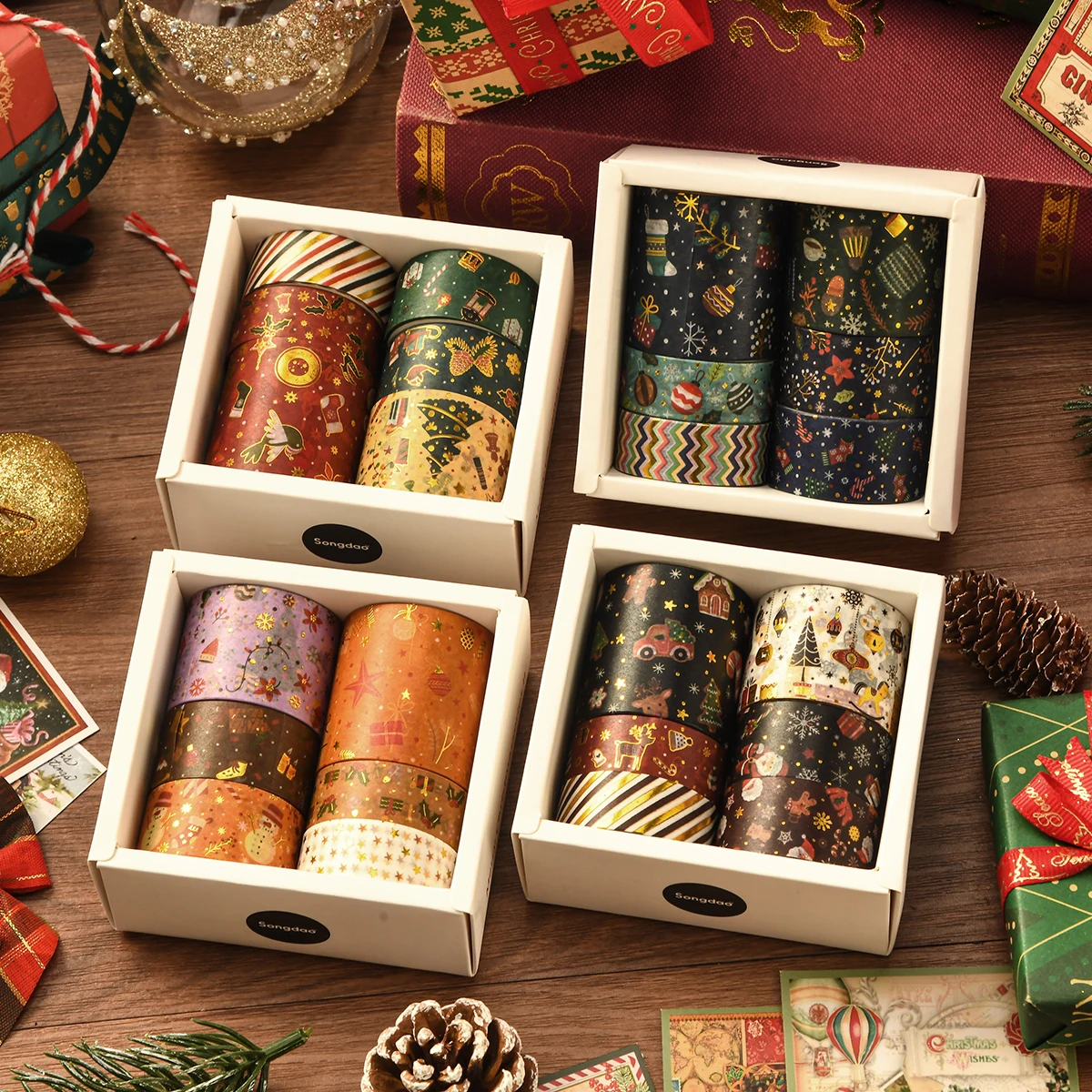 6 rolls of Christmas-themed washi tape, suitable for decorating planners, photo frames, and gift boxes, exquisite holiday gifts