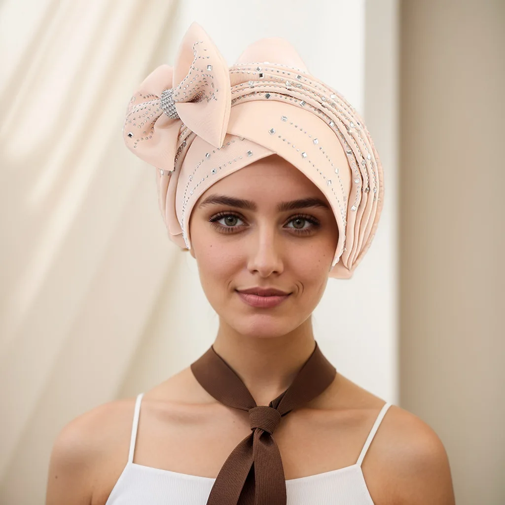 

Новинка 2025 года, африканский головной убор Auto Gele, нигерийский свадебный геле, мусульманский тюрбан, арабская индийская шляпа, женские повязки на голову, Turbante Mujer, 2 шт.