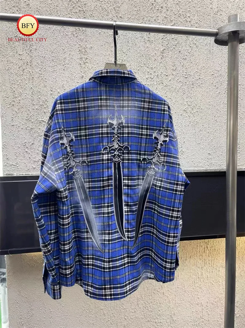 Blue Plaid HUG CLUB Embroidery Customised Metal Buttons 1:1 High Quality Shirts Autumn Winter Men Women Fashion Shirts