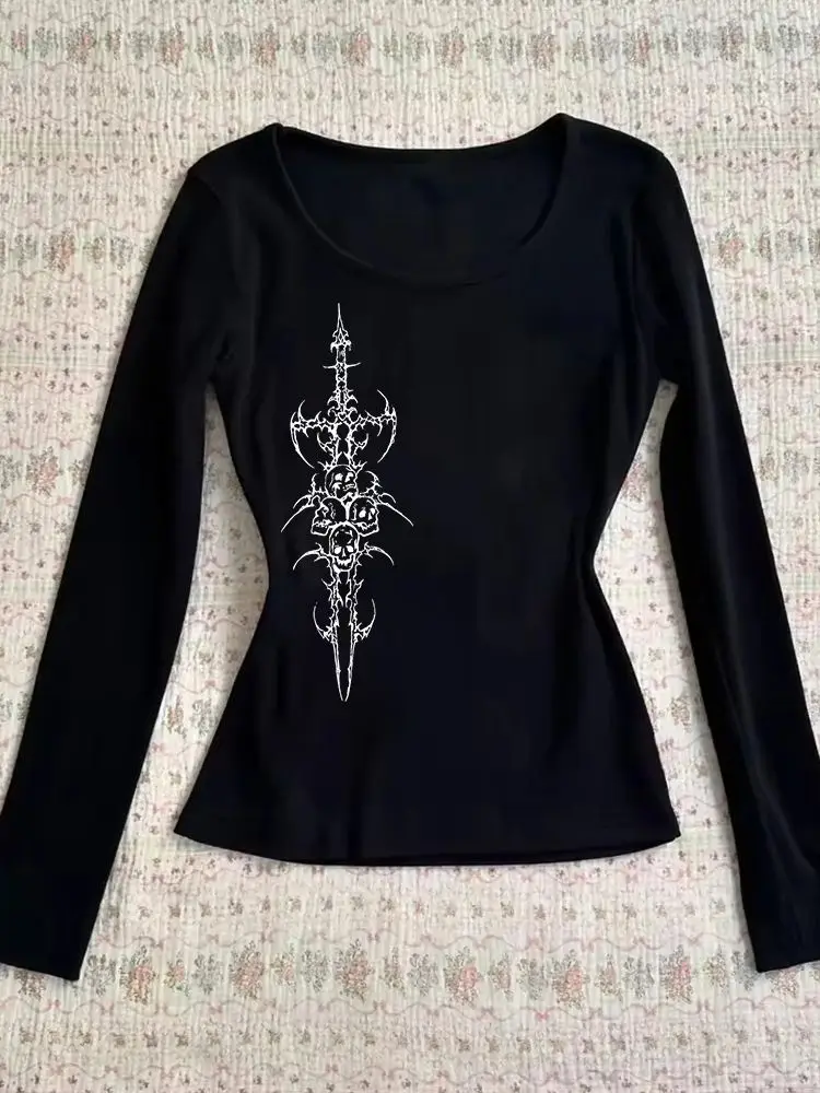 Yedinas Korean Fashion Graphic Tees Slightly Transparent T Shirt Women Clothing Long Sleeve Loose T-shirt Streetwear Spring Tops