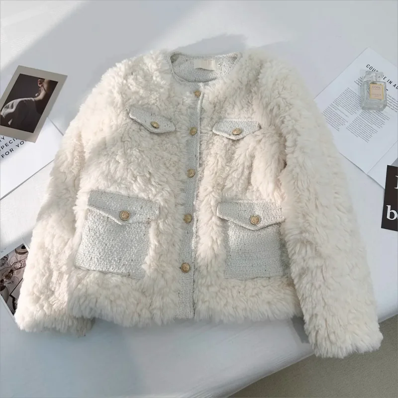 

Coat Women 2024 New Autumn Winter Warm Friendly Thick Furry Jacket Fashion O-neck Splicing Outerwear Female