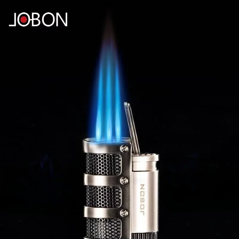JOBON new metal Outdoor Windproof Butane Gas Lighter Blue Flame 3 Torch Straight Turbo Jet Cigar Lighter Cigar Cutter Men's Gift - Detail 1