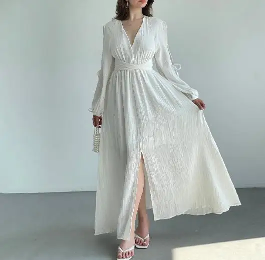 

2025 Autumn New Fashion Elegant Sexy Solid Color Long Split Sleeve V-Neck Multi Strap Casual Dress Female Clothing