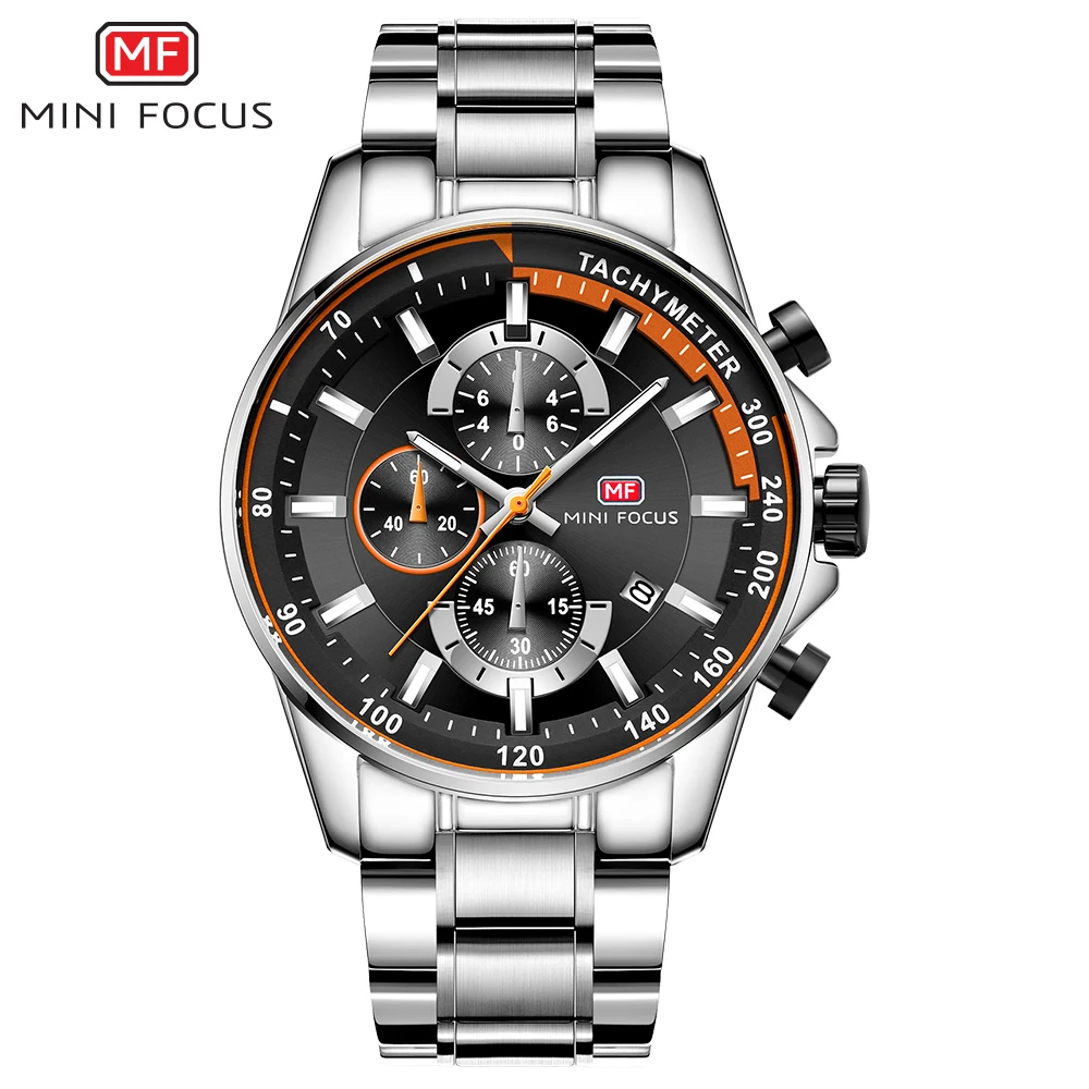 MINI FOCUS Sports Mens Watches Top Brand Luxury Chronograph Waterproof Quartz Watch Silver Stainless Steel Strap Luminous 0218G