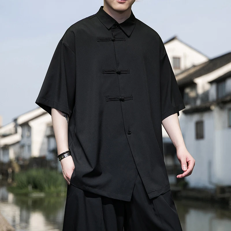 

Мужская летняя рубашка из ледяного шелка в новом китайском стиле Тан, костюм Ханьфу, свободного кроя, с драпировкой, 7 Sensation Seven Sve