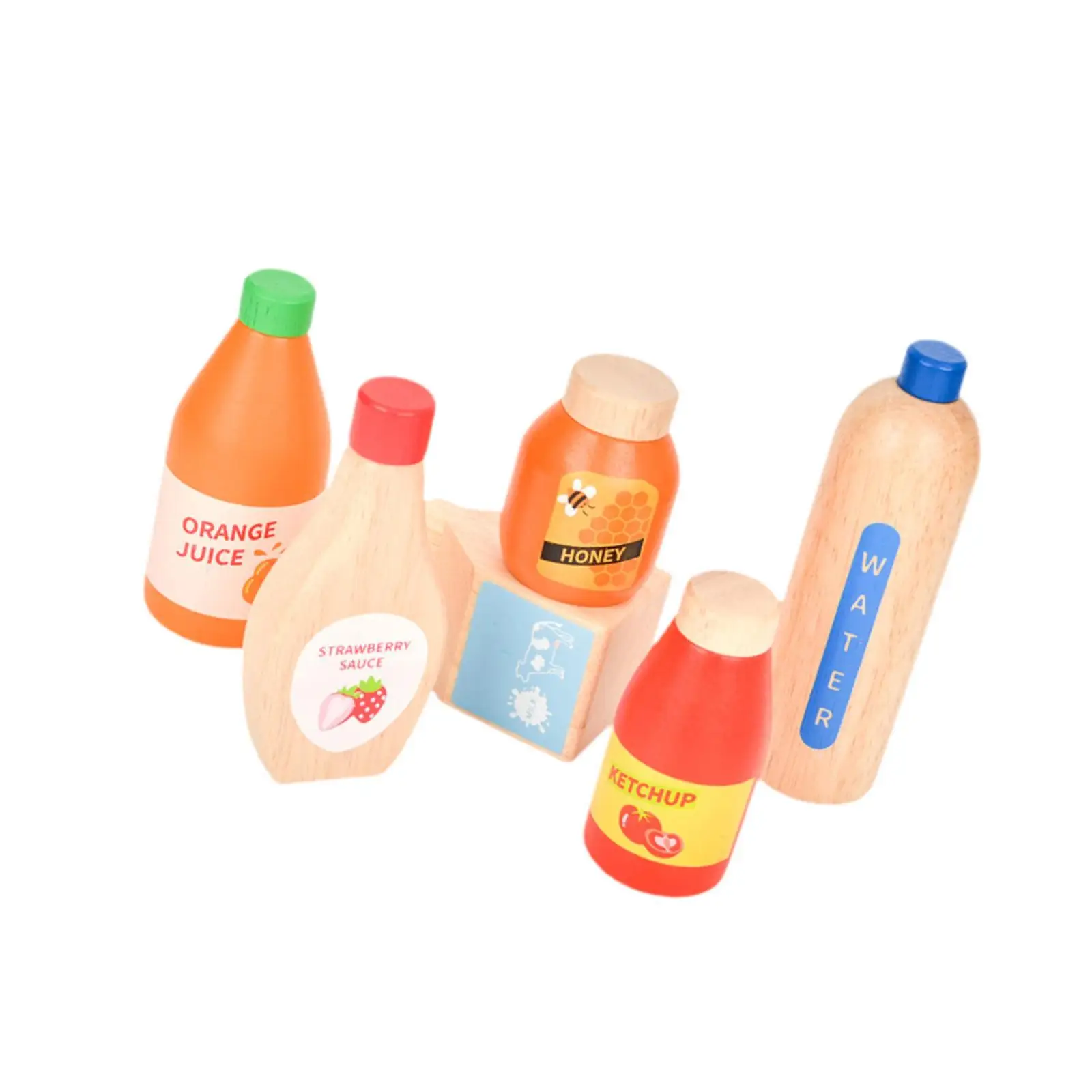 6 Pieces Wooden Drink Juice Bottle Set Play Kitchen Accessories for Toddlers