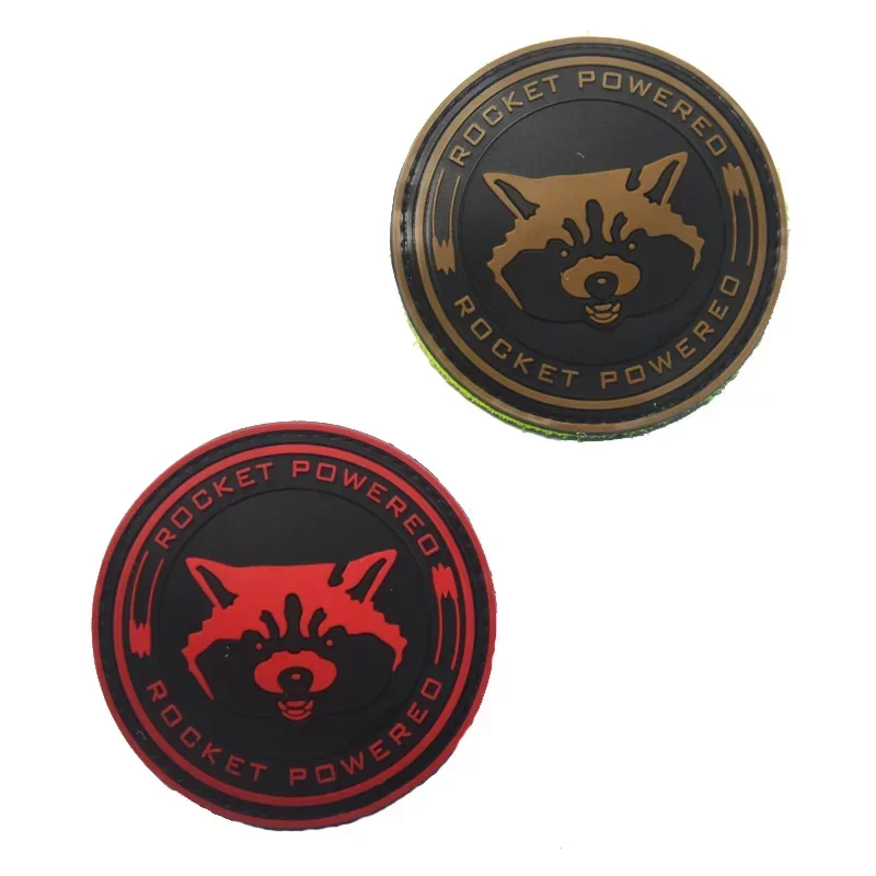 Rocket Powered Cartoon PVC Badge Luminous Raccoon Head Back Rubber Hook and Loop Tactical Patch for Backpack Clothing Stickers