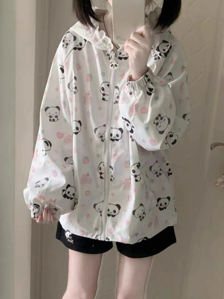 

Japanese Kawaii Cartoon Print Jackets Loose Y2k Casual Women's Tops Lace Patchwork Preppy Grunge Hooded Coats