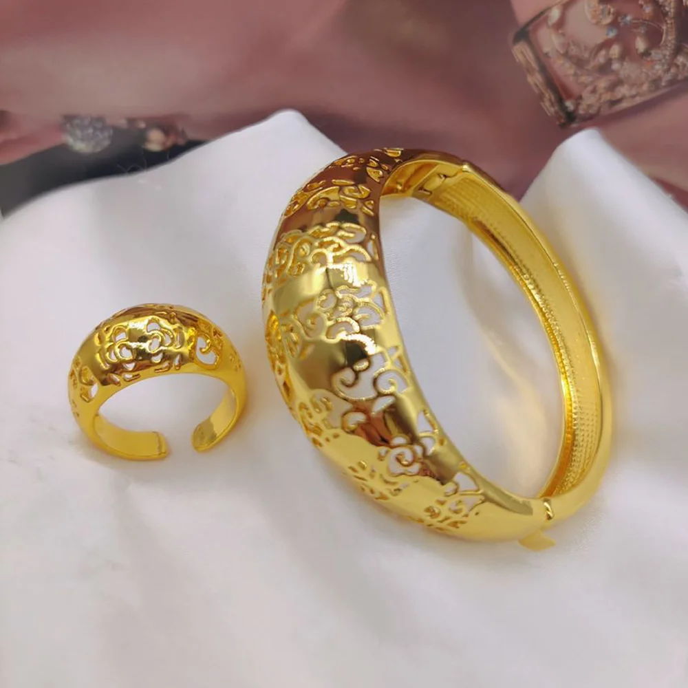 

Bangle and Ring Jewelry Set for Women African Gold Color Hand Bracelet and Cocktail Ring 2Pcs Set for Engagement Party Accessory