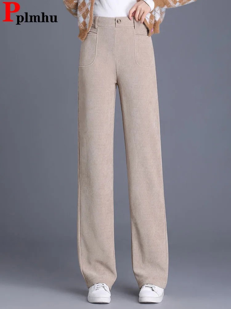 

Spring Fall Elastic High Waist Straight Pants Winter Warm Thicken Loose Wide Leg Pantalones Korean Fashion Snow Wear Sweatpants