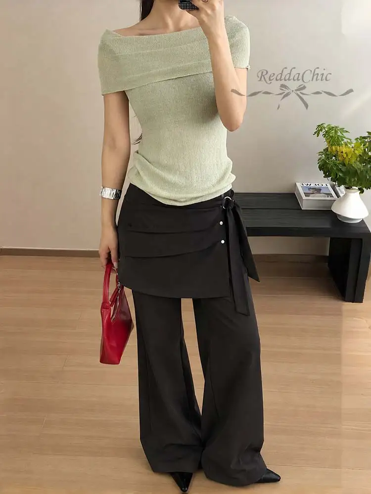 ReddaChic Removable Skirt Wrap Pants for Women Causal Black Loose Low Waist Pleat Baggy Suit Pants Trendy Alternative Clothes