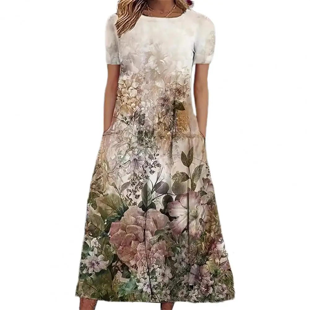 

Floral Print Midi Dress Elegant Floral Print A-line Midi Dress with Pockets for Women Soft Breathable Summer Dress