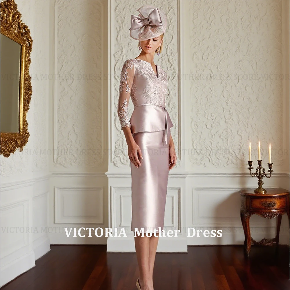 

Customized Elegant Mermaid Mother of the Bride Dresses V Neck 3/4 Sleeves Wedding Party Gowns Applique Tea Length Side Slit