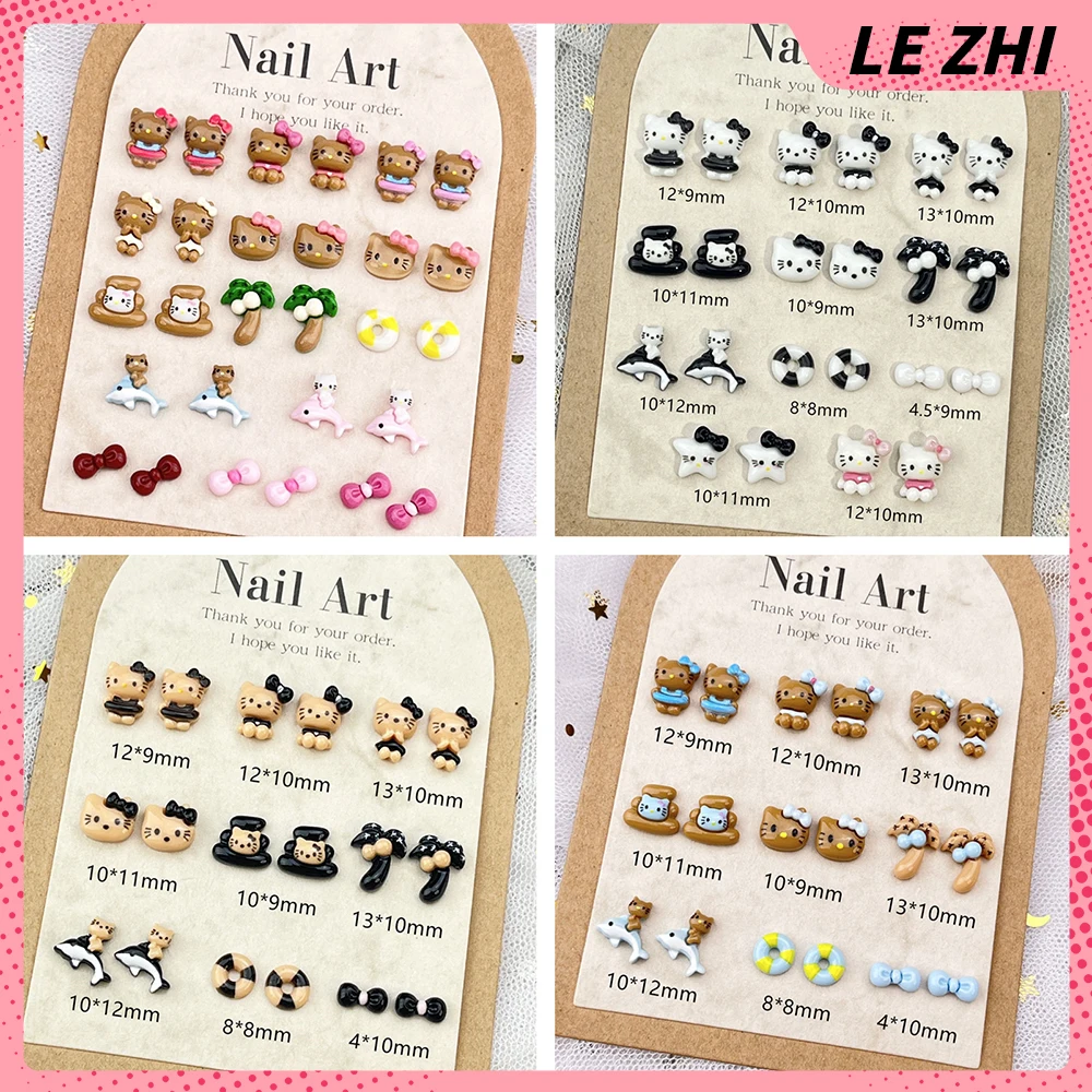 20Pcs Mixed Hello Kitty Cute Nails Accessories Party Stickers Hawaii Black White Brown Blue 3D Resin Diy Nails Charm Stickers