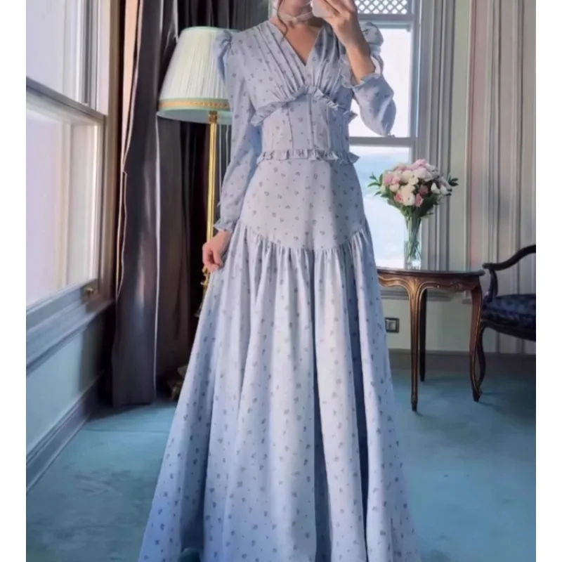 

2025 Autumn New Style Fashionable Style Blue Striped Waistline Printed Long Dress