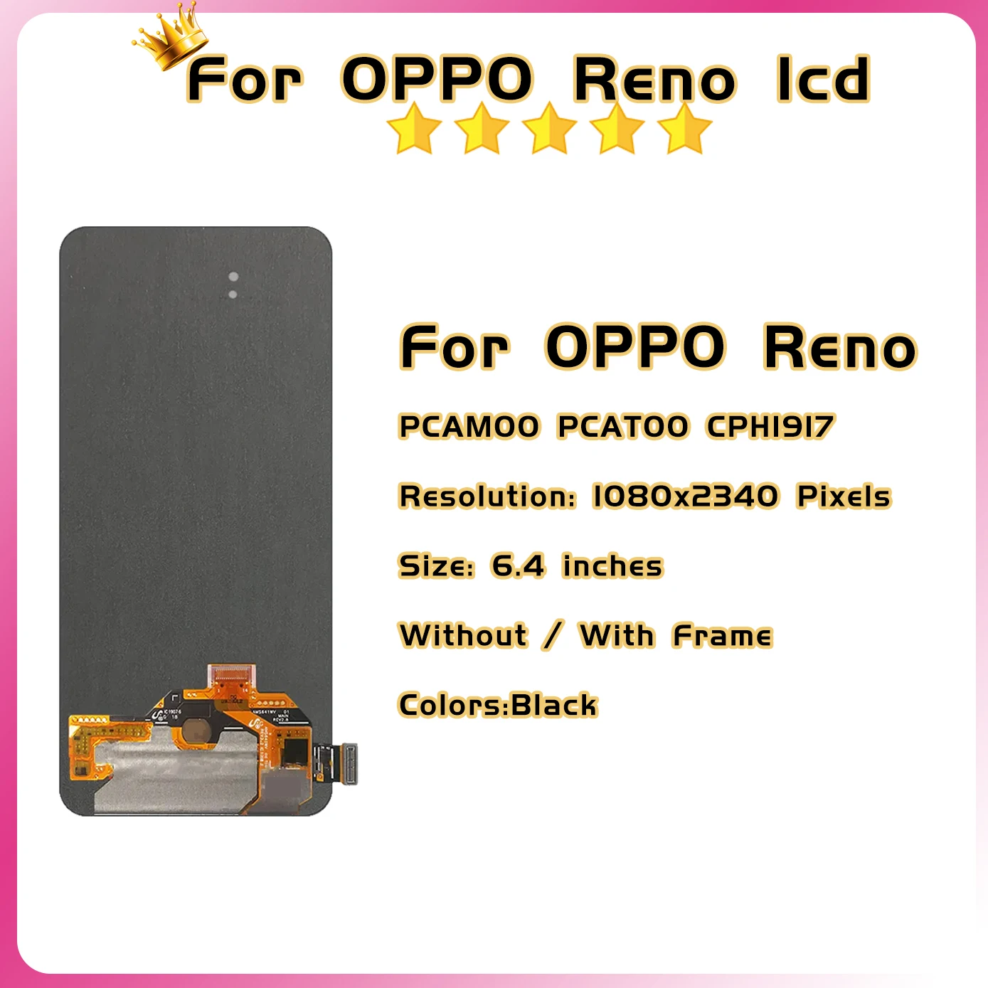 6.4\'\'Amoled Lcd for Oppo Reno Lcd Display Touch Screen with Frame for Oppo Reno Screen PCAM00 PCAT00 CPH1917 Digitizer Assembly