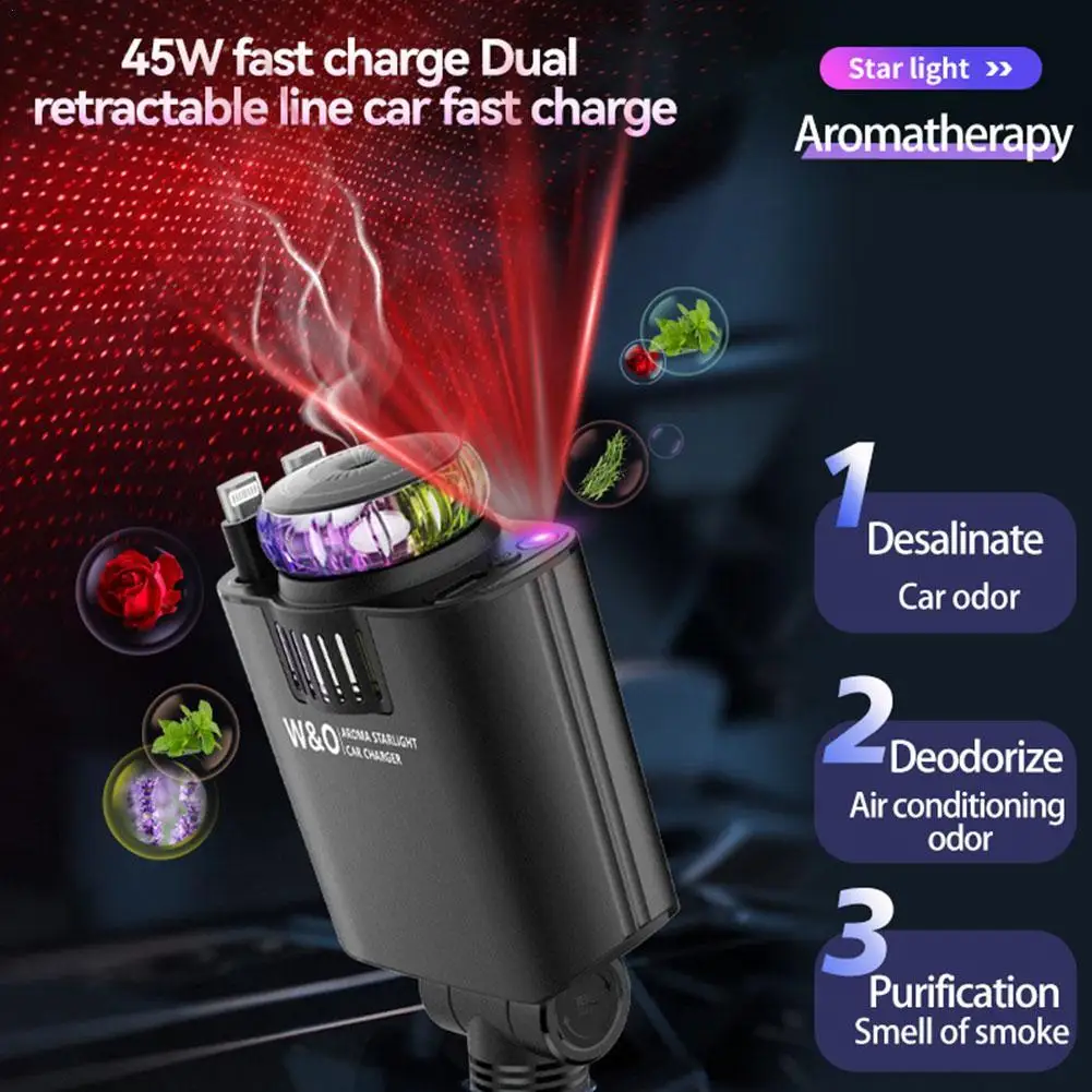 3-in-1 Retractable Car Charger 45W Fast Charge+Aromatherapy Diffuser+Starry Sky Lights Car Air Freshener&Odor Eliminator