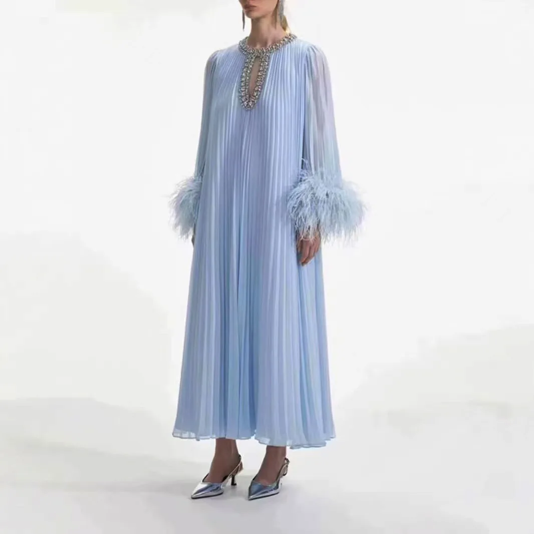 2024 Autumn New Dress Round Neck Heavy Industry Hairy Sleeves Splicing Pleated Medium and Long Dresses Casual Women\'s Clothing