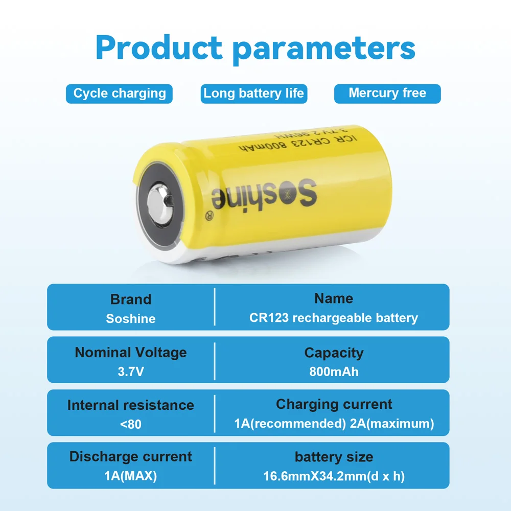 Soshine 3.7V 800mAh Li-ion Battery and Smart Lithium Batteries Charger CR123 16340 800mAh Rechargeable Battery for Water Meter