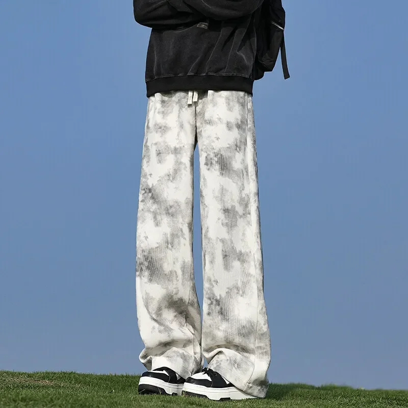 Pop Spring Beige Casual Pants Men Retro Black Straight Pants Men Streetwear Hip-hop Loose Tie Dye Pants Mens Vintage Trousers
