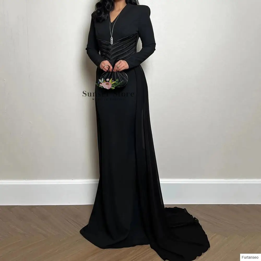 

Customized Women's Evening Dresses Floor-length V-neck Full Sleeve Prom Gown Simple Fashion Draped Casual Customized Gowns