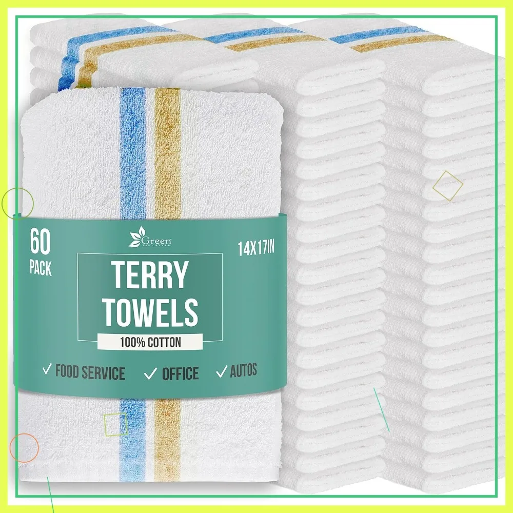 

Multipurpose Terry Towels, Blue & Orange Striped and White, 14'x17', Durable Absorbent Cotton - Pack of 60