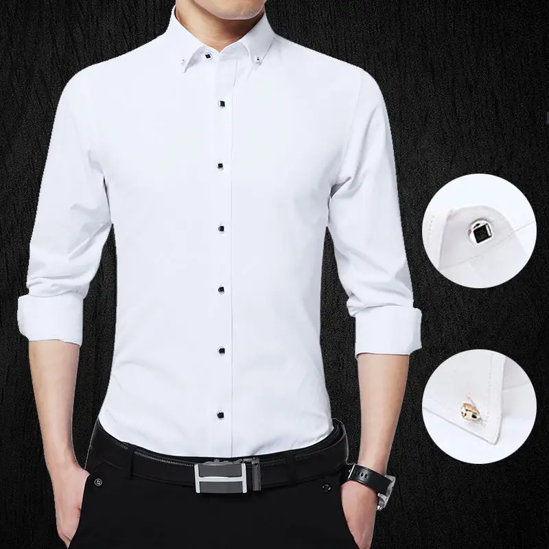 Men's Button-down Shirt Long Sleeve Casual Formal Business Dress Shirts Pocket-less Solid Color Blue White Tops Korean Slim Fit