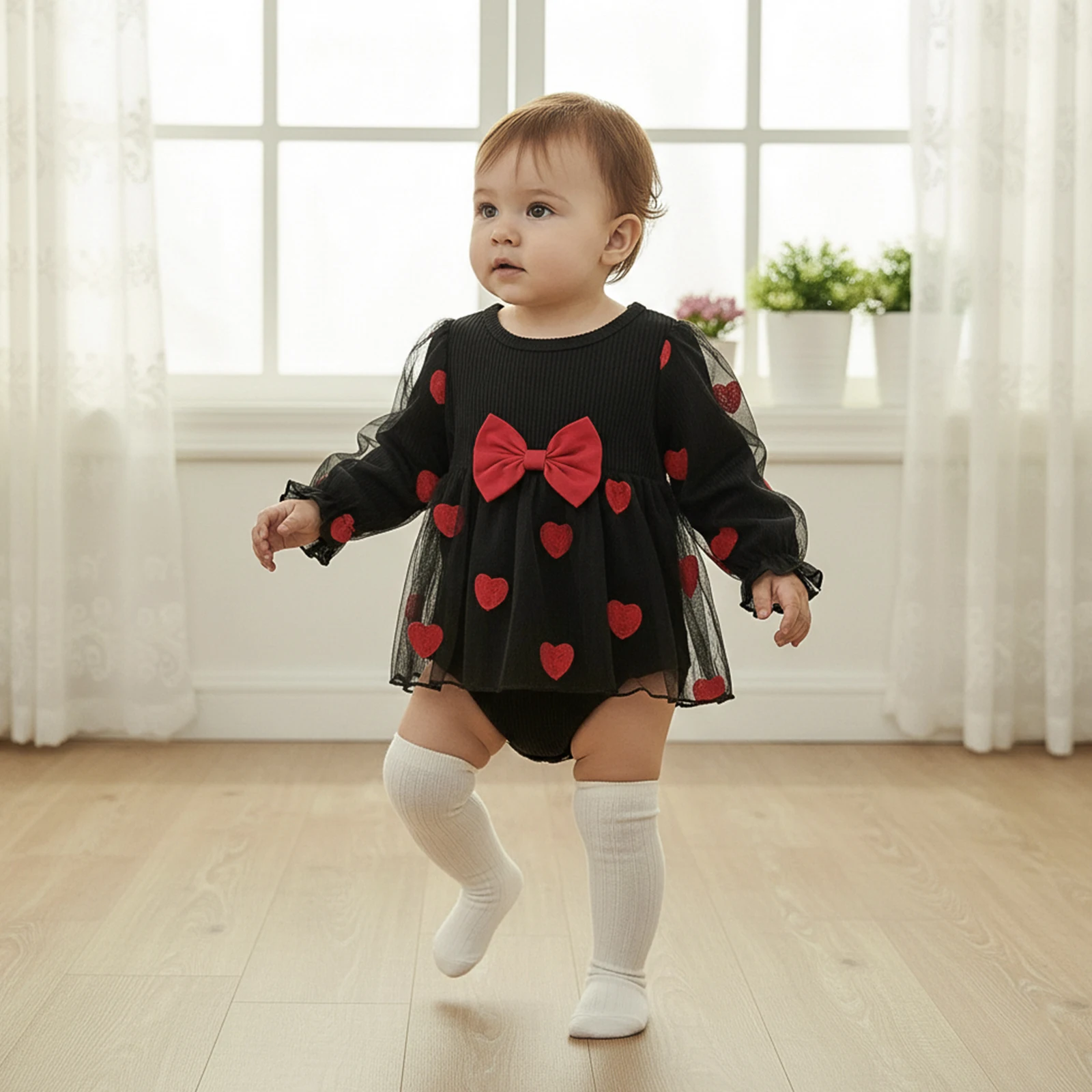 

Baby Girl Valentines Romper Dress Cute Fashionable Heart Printed Mesh Bubble Long Sleeve Jumpsuit Newborn Clothes