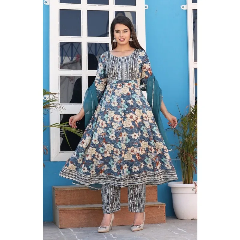 

Women Floral Printed Kurti Palazzo with Dupatta Set Indian Wedding Salwar Kameez