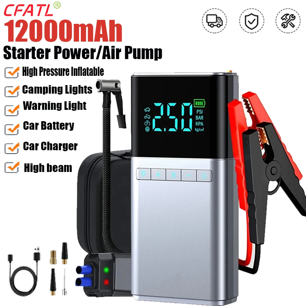 Car Jump Starter Air Pump 4 in 1 Air Compressor Outdoor Power Bank LED Lamp Car Battery Starter Tyre Inflator with Eva Bag