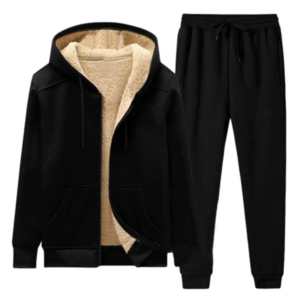 2 Pcs/Set Men Coat Pants Suit Hooded Thick Soft Plush Hooded Sportswear Elastic Waist Long Sleeve Warm Fall Winter Tracksuit