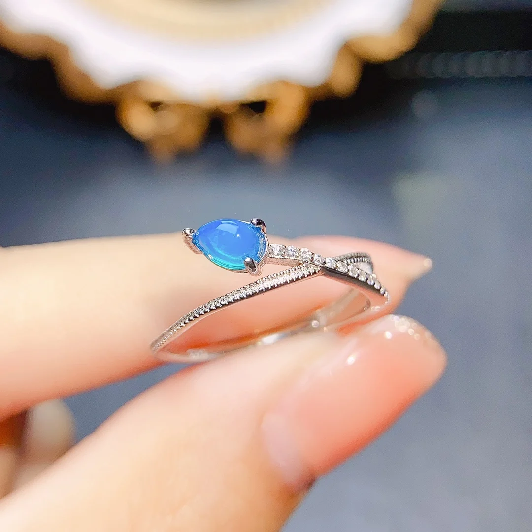 Natural Blue Fire Opal Ring Tiny Ring 925 Sterling Silver Pear Blue Opal 925 Silver Rings For Gift