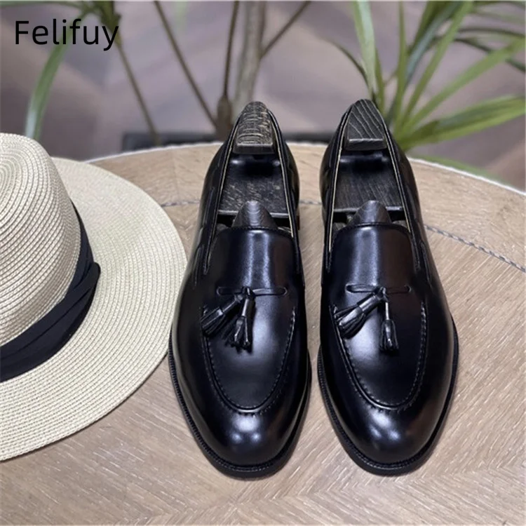 Tassle Genuine Leather Black Casual Shoes Men Handmade Comfortable Flat Men's Shoes Daily Commuting Office Mens Spring Loafers