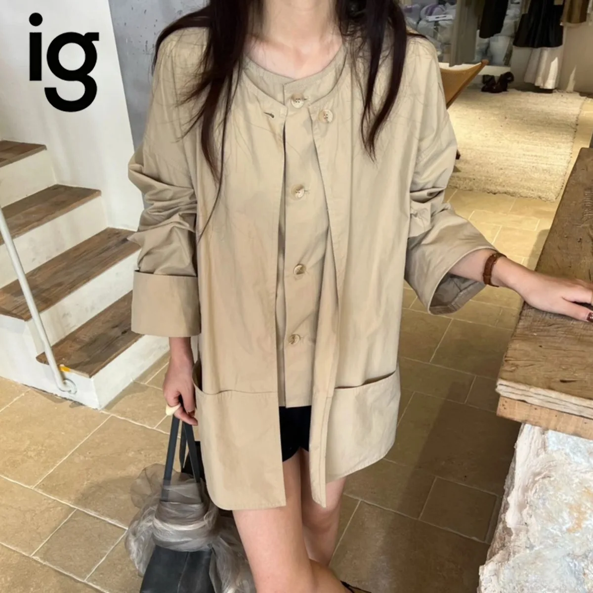 IG Women 2 Piece Outfit Set, Round Neck Long Sleeve Loose Jacket + Sleeveless Vest,Casual Two‑Piece Suit with Pockets Daily Wear