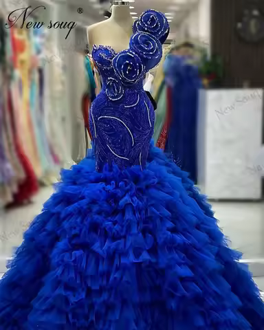 New Arrival Tiered Evening Dresses Royal Blue Beaded Mermaid Party Engagement Dress Vestidos De Noche Crystals Prom Dress Custom