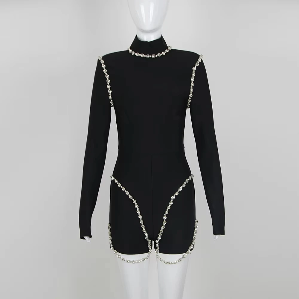 

New Women's Fashion Sexy Backless Round Neck Long Sleeve Sparkling Diamonds Elegant Short Jumpsuit