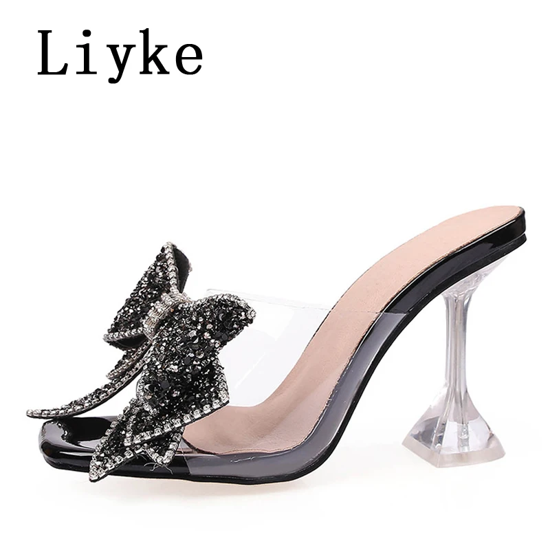 Liyke Fashion Crystal Sequined Bowknot kobiety pantofle sandały dziwny styl transparentne buty na obcasie z wystającym palcem PVC przezroczyste buty