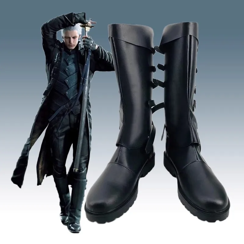 Yamato 5 Nelo Angelo Katana shoes Black Faux Leather Shoes Halloween Carnival Cosplay Shoes For Adult Women Men boots