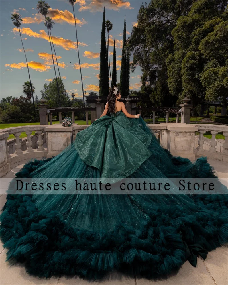 Personalizado verde esmeralda tule com arco quinceanera vestidos de baile 2025 apliques de cristal doce 16 vestido espartilho vestidos de festa