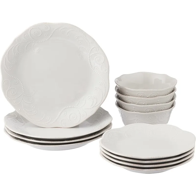 

French Perle 12-Piece Dinnerware Set, White, with Accent Plates