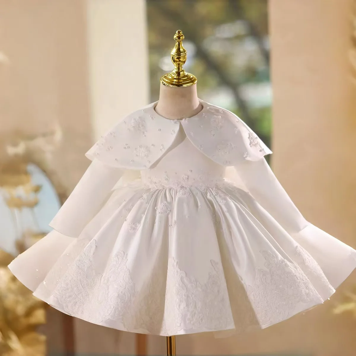 

Dreamy Vow D017 Elegant White Girl Dress Lace Pearls Bow Long Sleeve Princess Kids Wedding Birthday Festival Party Pageant Gown