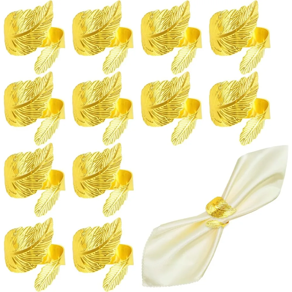 Gold Napkin Rings, Napkin Rings Set of 12, Thanksgiving Fall Napkins Ring, Elegant Leaf Design Metal Napkins Holder for Table Se