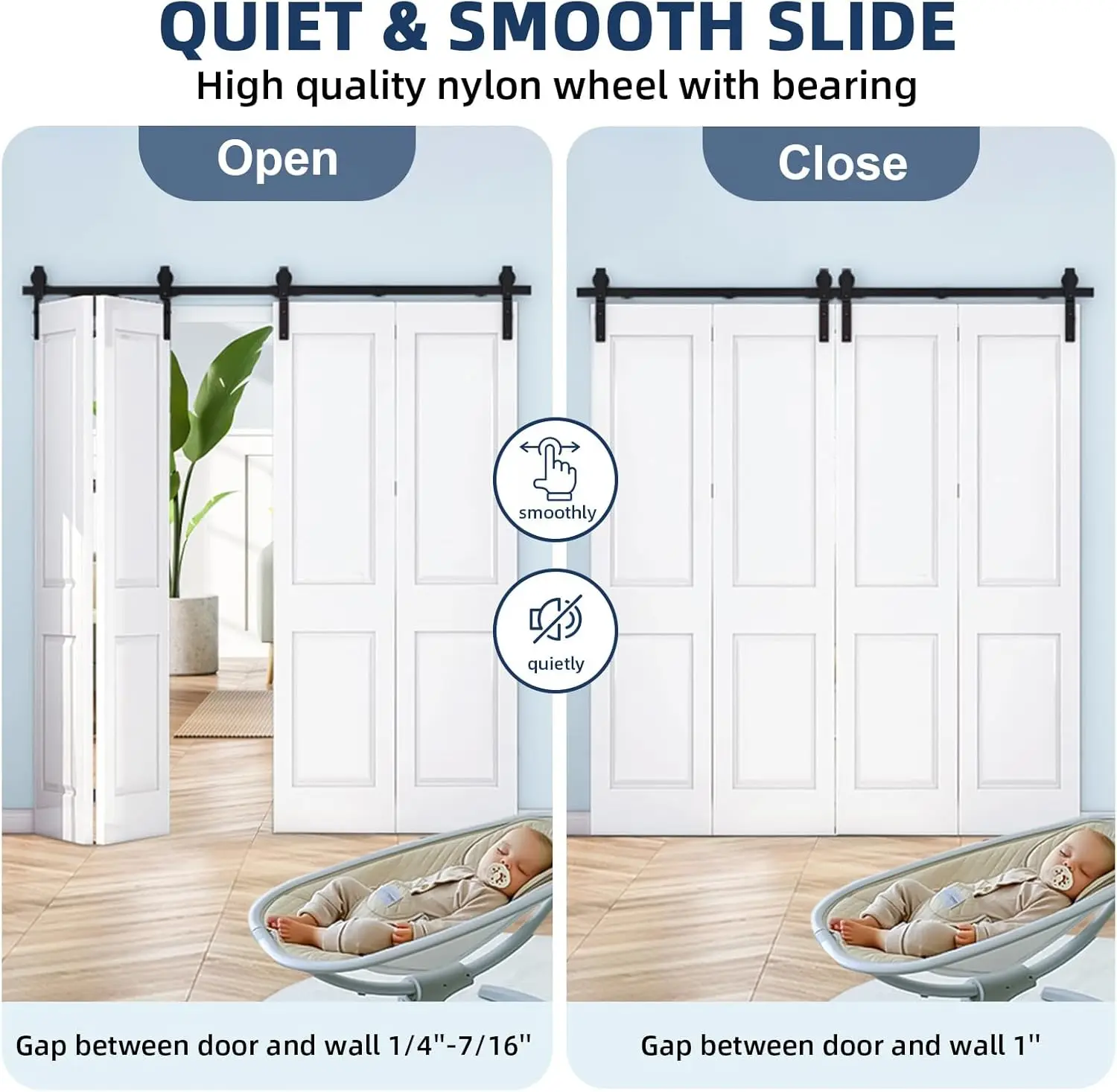 طقم أجهزة باب الحظيرة المنزلق ثنائي الطي مقاس 72 بوصة، أجهزة باب ثنائية الطي مثبتة على الجانب باللون الأسود لـ 4 أبواب (الباب غير متضمن)