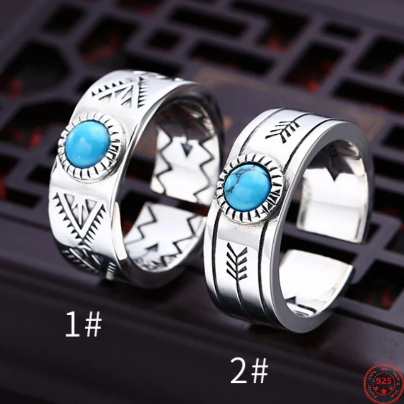 S925 Sterling Silver Charms Rings for Men Women New Fashion Ancient Totem Inlaid Turquoise Punk Jewelry