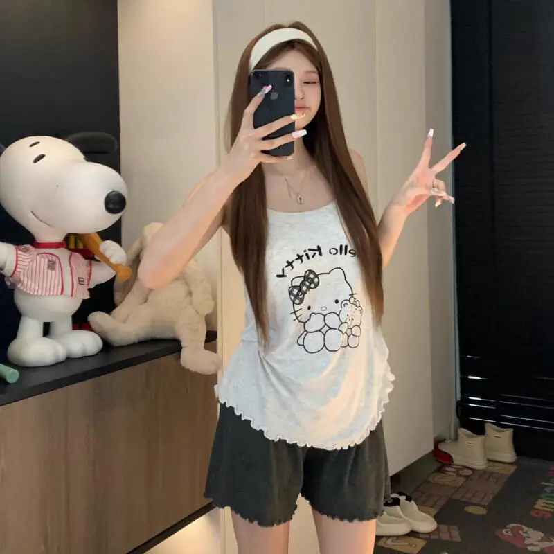 Летние пижамы без рукавов Sanrio, 2 шт., жилет с героями мультфильмов Kuromi для девочек, популярные студенческие шорты «Hello Kitty», модная домашняя одежда My Melody